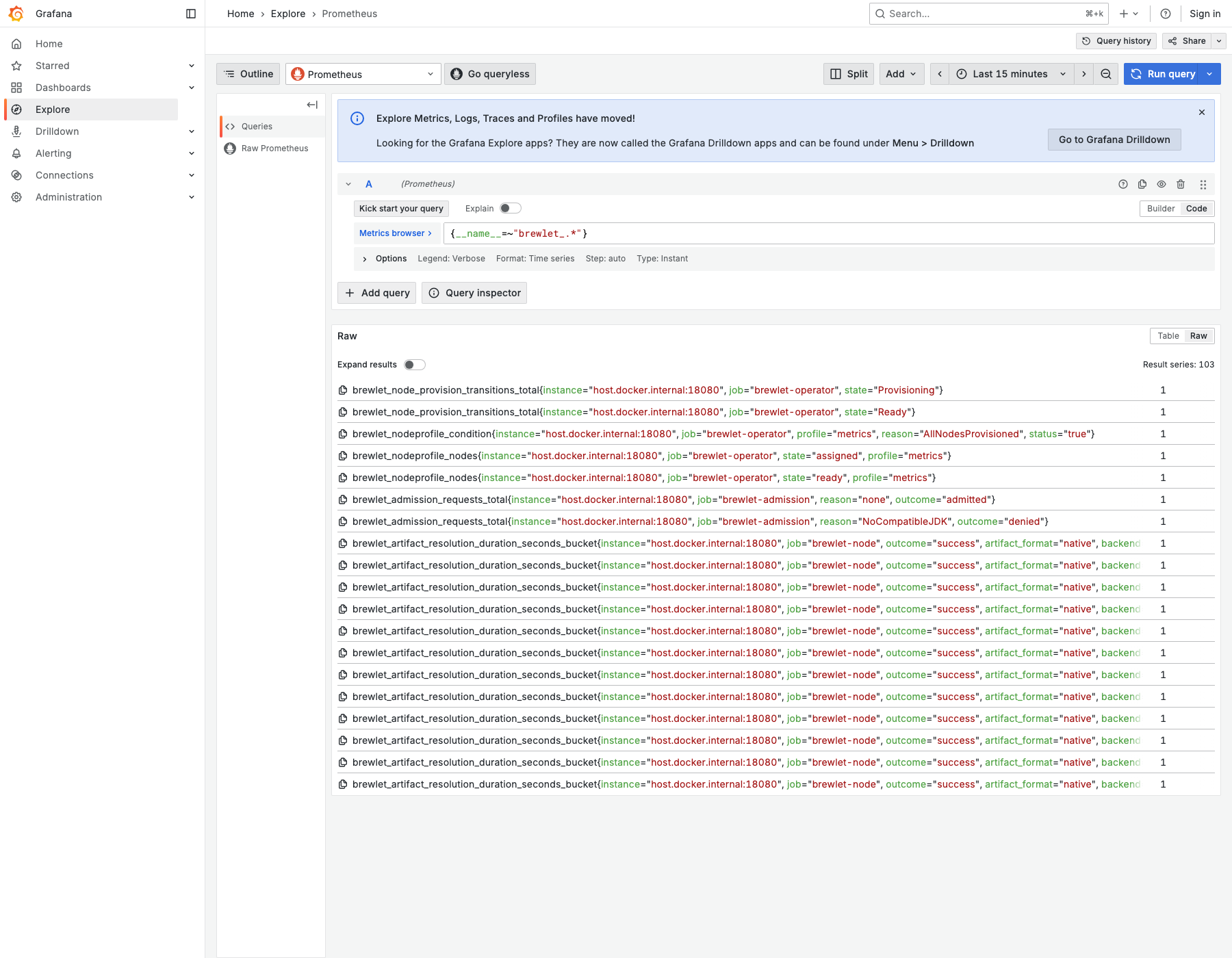 Grafana Explore displaying Brewlet Prometheus metric series and labels